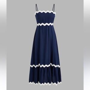 Elegant Navy Blue Maxi Dress with White Accents